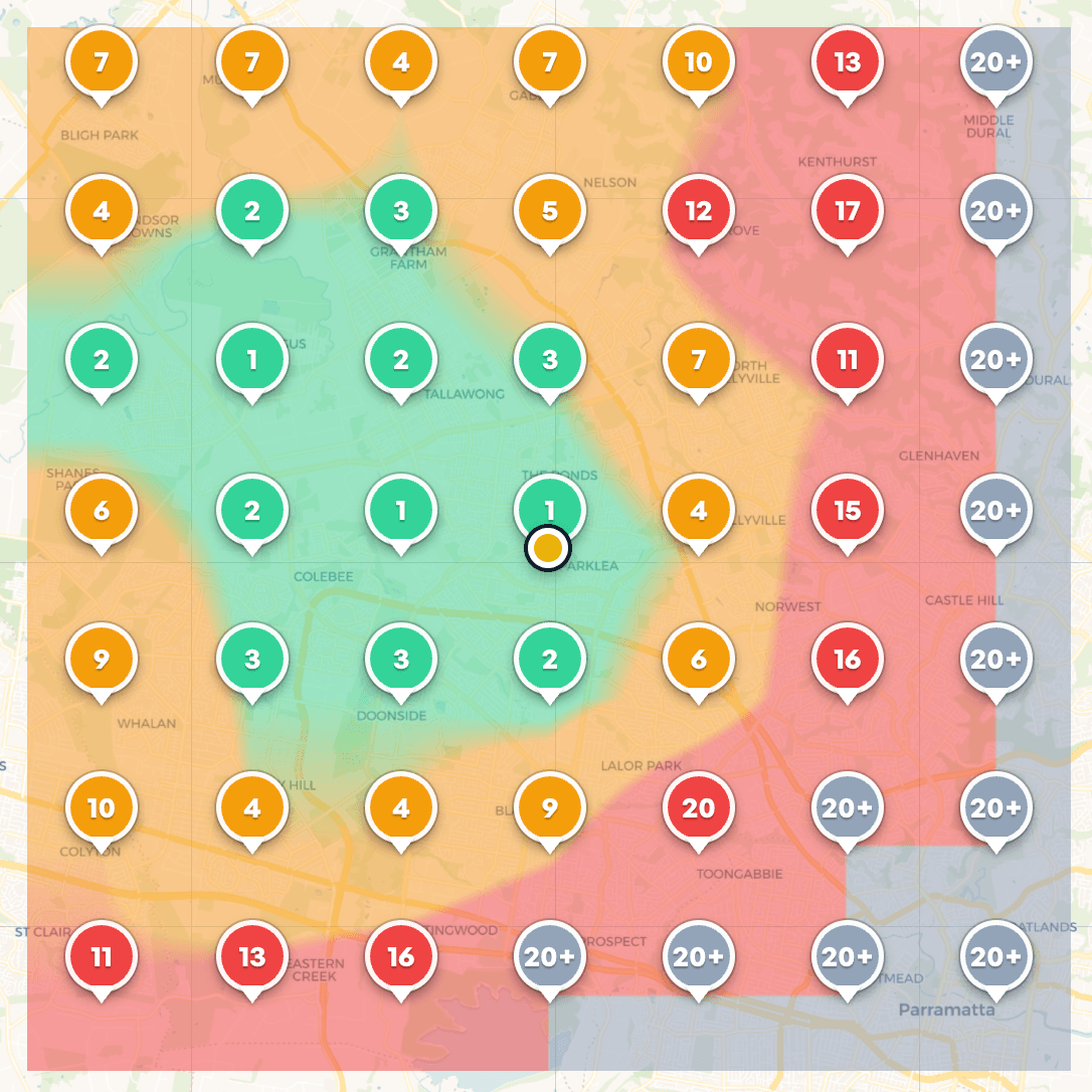 Example local rank heatmap showing how a business performs on Google searches from different points around its location.