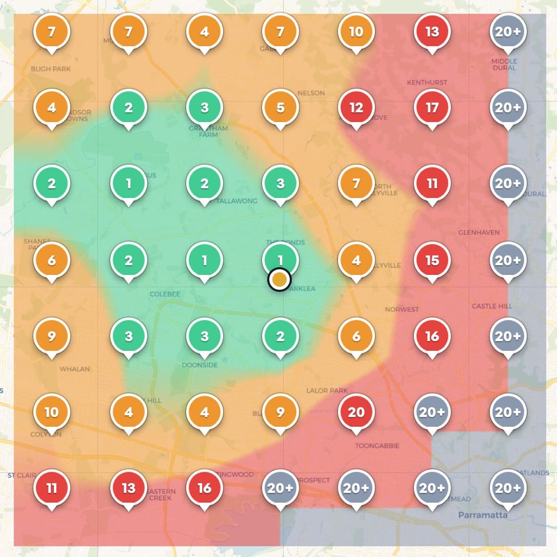 Geo grid scan showing map pack reach dropping away from a business address
