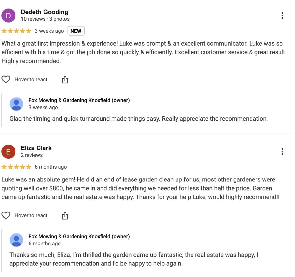 Google review response service replies on a client profile